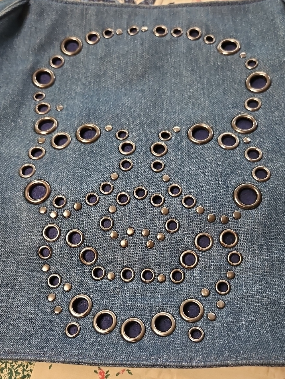 Betsey Johnson. Denim Grommet Skull Tote Bag - Blue - Picture 2 of 6